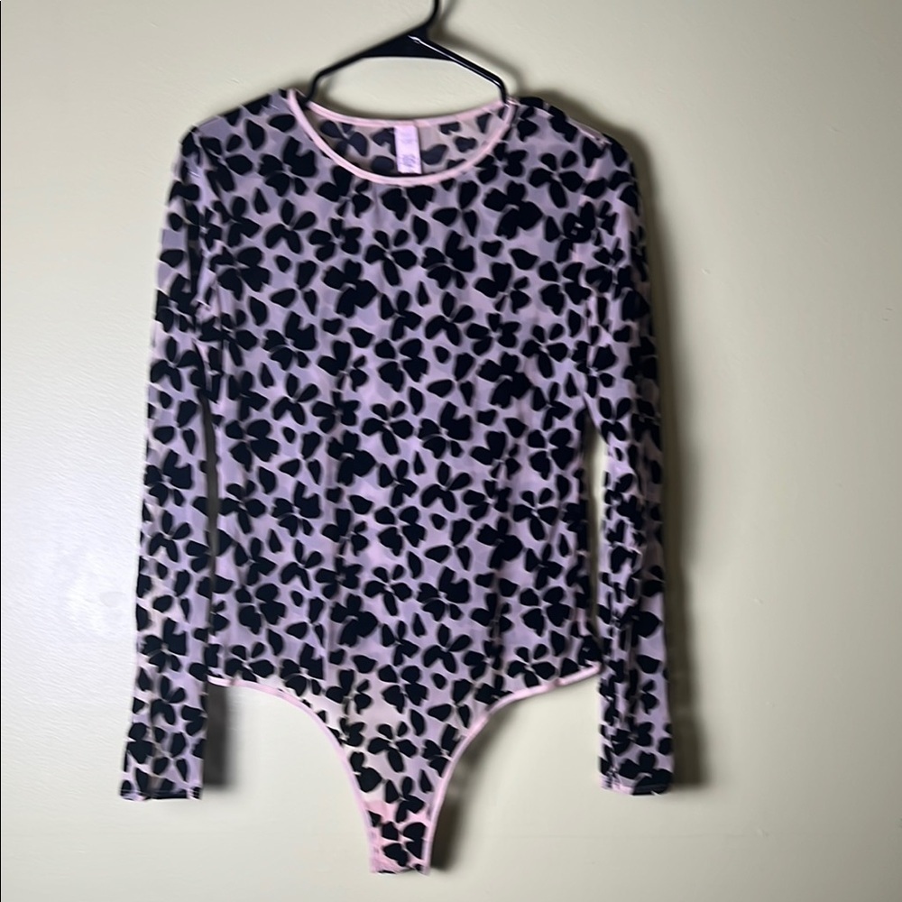Y2k sheer mesh layer Black and beige Floral long sleeve Bodysuit size large